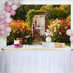 Lofaris Rustic Garden Photography Backdrop with Old Wooden Door, Charming Stone Path Background for Professional Photoshoot