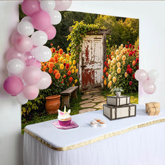 Lofaris Rustic Garden Photography Backdrop with Old Wooden Door, Charming Stone Path Background for Professional Photoshoot