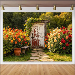 Lofaris Rustic Garden Photography Backdrop with Old Wooden Door, Charming Stone Path Background for Professional Photoshoot