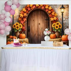 Lofaris Rustic Autumn Thanksgiving Backdrop with Pumpkins and Maple Leaves, Wooden Door Fall Harvest Photography Background Decor