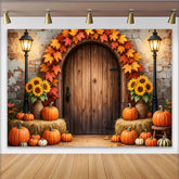 Lofaris Rustic Autumn Thanksgiving Backdrop with Pumpkins and Maple Leaves, Wooden Door Fall Harvest Photography Background Decor