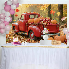 Lofaris Red Truck Autumn Harvest Holiday Backdrop with Pumpkins and Falling Leaves, Rustic Fall Festival for Thanksgiving Party Decor