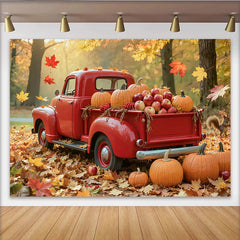 Lofaris Red Truck Autumn Harvest Holiday Backdrop with Pumpkins and Falling Leaves, Rustic Fall Festival for Thanksgiving Party Decor