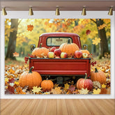 Lofaris Red Vintage Truck Autumn Photography Backdrop with Pumpkins and Apples, Fall Harvest Studio Background for Seasonal Decor