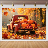 Lofaris Vintage Red Truck Autumn Photography Backdrop with Pumpkins and Leaves, Rustic Fall Harvest Background for Seasonal Photoshoot Decor