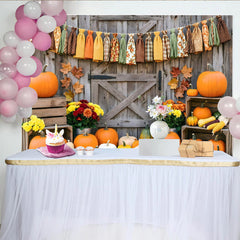 Lofaris Rustic Autumn Harvest Holiday Backdrop with Pumpkins and Fall Leaves, Wooden Barn Door Background for Thanksgiving Party Decor