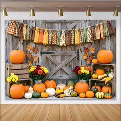 Lofaris Rustic Autumn Harvest Holiday Backdrop with Pumpkins and Fall Leaves, Wooden Barn Door Background for Thanksgiving Party Decor