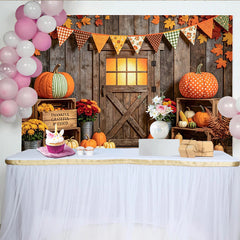 Lofaris Rustic Barn Door Thanksgiving Backdrop with Pumpkins and Fall Leaves, Cozy Harvest Photo Background for Autumn Party Decor