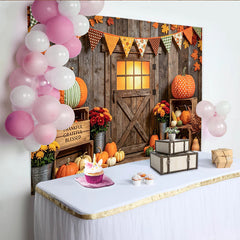Lofaris Rustic Barn Door Thanksgiving Backdrop with Pumpkins and Fall Leaves, Cozy Harvest Photo Background for Autumn Party Decor
