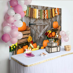 Lofaris Rustic Wood Thanksgiving Backdrop with Pumpkins and Leaves, Autumn Harvest Photography Background for Seasonal Decor