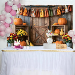 Lofaris Rustic Wooden Barn Door Autumn Harvest Photography Backdrop with Pumpkins and Fall Leaves, Thanksgiving Seasonal Decor