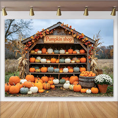 Lofaris Rustic Autumn Pumpkin Shop Photography Backdrop with Fall Leaves and Corn, Seasonal Studio Background for Harvest Decor