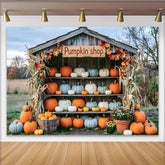 Lofaris Rustic Wooden Pumpkin Shop Autumn Harvest Backdrop with Colorful Gourds, Fall Festival Photography and Thanksgiving Party Decor
