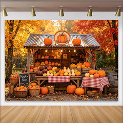 Lofaris Rustic Autumn Pumpkin Patch Backdrop with Fall Leaves and Shop, Vibrant Harvest Background for Thanksgiving or Halloween Party