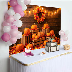 Lofaris Rustic Wood Autumn Harvest Backdrop with Pumpkins and Fall Leaves, Cozy String Lights Photography Background for Fall Party