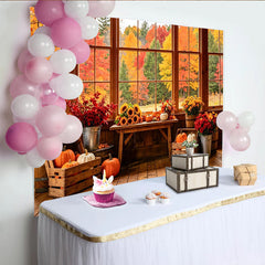 Lofaris Rustic Wooden Window Autumn Backdrop with Pumpkins and Sunflowers, Fall Foliage Background for Thanksgiving Decor