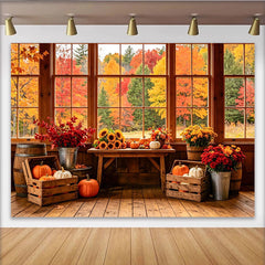 Lofaris Rustic Wooden Window Autumn Backdrop with Pumpkins and Sunflowers, Fall Foliage Background for Thanksgiving Decor