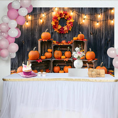 Lofaris Rustic Wooden Wall Autumn Backdrop with Pumpkins, Fall Leaves and String Lights, Harvest Festival Photography Background Decor