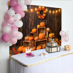 Lofaris Rustic Wood Thanksgiving Backdrop with Pumpkins and Fall Leaves, Warm String Lights Photo for Autumn Harvest Party Decor