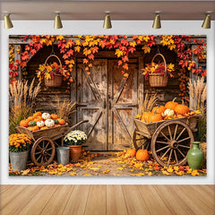Lofaris Rustic Autumn Harvest Backdrop with Wooden Barn Door, Colorful Maple Leaves and Pumpkins for Fall Photography