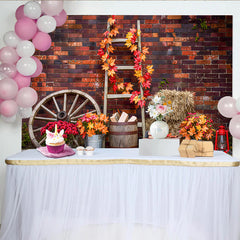 Lofaris Rustic Autumn Photography Backdrop with Brick Wall and Fall Leaves, Vintage Farmhouse Background for Seasonal Photoshoot