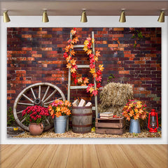 Lofaris Rustic Autumn Photography Backdrop with Brick Wall and Fall Leaves, Vintage Farmhouse Background for Seasonal Photoshoot