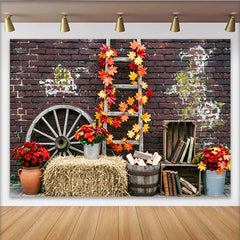 Lofaris Rustic Autumn Photography Backdrop with Fall Leaves and Brick Wall, Vintage Hay Bale and Wagon Wheel Background for Studio Photoshoot