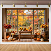 Lofaris Vibrant Autumn Window Photography Backdrop with Pumpkins and Sunflowers, Rustic Fall Forest Background for Studio Photoshoots