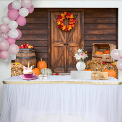 Lofaris Rustic Wooden Barn Door Autumn Harvest Backdrop with Pumpkins, Cozy Farmhouse Fall Photography Background for Thanksgiving Party Decor
