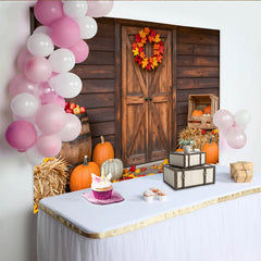 Lofaris Rustic Wooden Barn Door Autumn Harvest Backdrop with Pumpkins, Cozy Farmhouse Fall Photography Background for Thanksgiving Party Decor