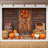 Lofaris Rustic Wooden Barn Door Autumn Harvest Backdrop with Pumpkins, Cozy Farmhouse Fall Photography Background for Thanksgiving Party Decor