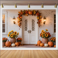 Lofaris Autumn Holiday Backdrop with Pumpkins and Fall Leaves for Front Door Decor, Seasonal Background Banner for Thanksgiving Party