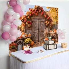 Lofaris Rustic Autumn Harvest Holiday Backdrop, Wooden Shed with Pumpkins and Fall Leaves Photography Background for Seasonal Decor
