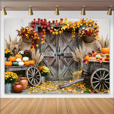 Lofaris Rustic Wooden Door Autumn Photography Backdrop with Fall Leaves and Pumpkins, Harvest Farmhouse Studio for Seasonal Portraits