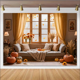 Lofaris Autumn Room Photography Backdrop with Pumpkins and Wheat, Rustic Fall Harvest Interior Background for Studio Photoshoot
