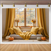 Lofaris Cozy Autumn Photography Backdrop with Yellow Curtains and Pumpkins, Fall Window Scene Background for Seasonal Decor