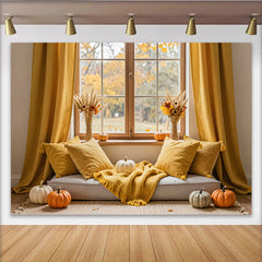 Lofaris Cozy Autumn Photography Backdrop with Yellow Curtains and Pumpkins, Fall Window Scene Background for Seasonal Decor