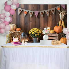 Lofaris Rustic Wooden Wall Thanksgiving Backdrop with Pumpkins and Hay, Autumn Harvest Photo Background for Fall Party Decoration