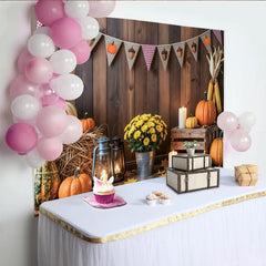 Lofaris Rustic Wooden Wall Thanksgiving Backdrop with Pumpkins and Hay, Autumn Harvest Photo Background for Fall Party Decoration