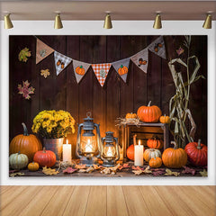 Lofaris Rustic Wood Autumn Harvest Holiday Backdrop with Pumpkins and Lanterns, Cozy Fall Festival Background for Photography and Party Decor