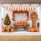 Lofaris Rustic Fall Pumpkin Holiday Backdrop with Autumn Leaves, White Barn Photography Background for Harvest Festival Decor