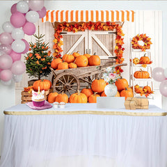 Lofaris Rustic Autumn Photography Backdrop with Orange Pumpkins, Fall Leaves, Charming Wooden Barn Door Background for Studio Portraits