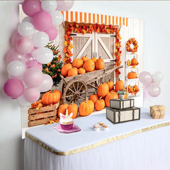Lofaris Rustic Autumn Photography Backdrop with Orange Pumpkins, Fall Leaves, Charming Wooden Barn Door Background for Studio Portraits