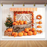 Lofaris Rustic Autumn Photography Backdrop with Orange Pumpkins, Fall Leaves, Charming Wooden Barn Door Background for Studio Portraits
