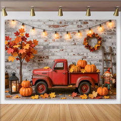 Lofaris Rustic Autumn Harvest Holiday Backdrop with Red Truck and Pumpkins, Fall Photography Background for Thanksgiving Decor