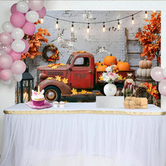 Lofaris Rustic Autumn Harvest Backdrop with Old Red Truck and Pumpkins, Fall Leaves Photography Background for Thanksgiving Decor