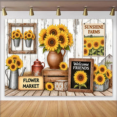 Lofaris Rustic Sunflower Photography Backdrop with Wooden Wall and Welcome Friends, Farmhouse Floral Background for Studio Photoshoot