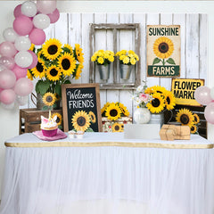 Lofaris Rustic Farmhouse Sunflower Photography Backdrop, White Wood Wall Background with Welcome Friends Sign and Flower Market Decor