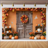 Lofaris Rustic Wooden Door Thanksgiving Backdrop with Pumpkins and Fall Leaves Garland, Autumn Harvest Festival Background for Party Decor