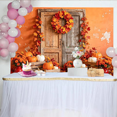 Lofaris Rustic Wooden Door Autumn Holiday Backdrop with Pumpkins and Fall Leaves, Seasonal Photography Background for Thanksgiving Party Decor